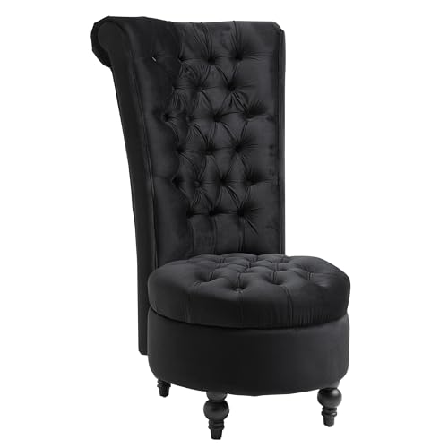 HOMCOM Retro Button-Tufted Royal Design High Back Armless Chair with Thick Padding and Rubberwood Legs, Black - Rich Black