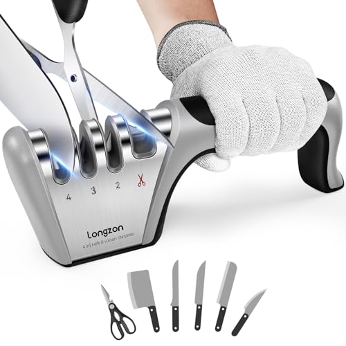 Longzon 4-in-1 Knife Sharpener [4 stage] with a Pair of Cut-Resistant Glove, Original Premium Polish Blades, Best Kitchen Knife Sharpener Really Works for Ceramic and Steel Knives, Scissors. - Black+Silver