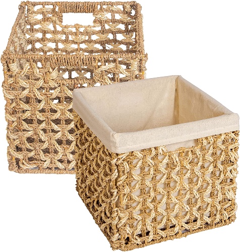 Wicker Storage Baskets for Shelves, 2 Packs Palm, Seagrass Storage Baskets with Handles, Foldable Square Pantry Baskets, Wicker Storage Basket for Toys, Bookself.