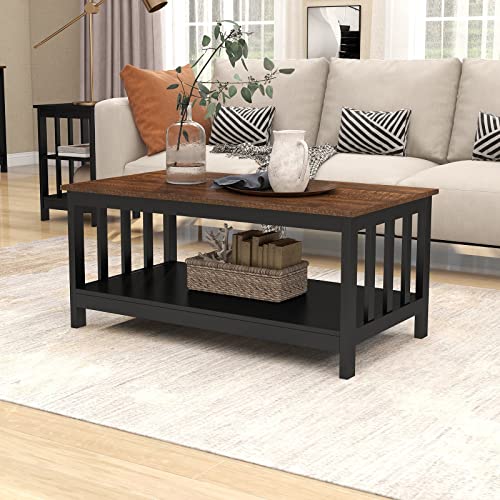 ChooChoo Farmhouse Coffee Table, Black Living Room Table with Shelf, 40 Inch - Espresso