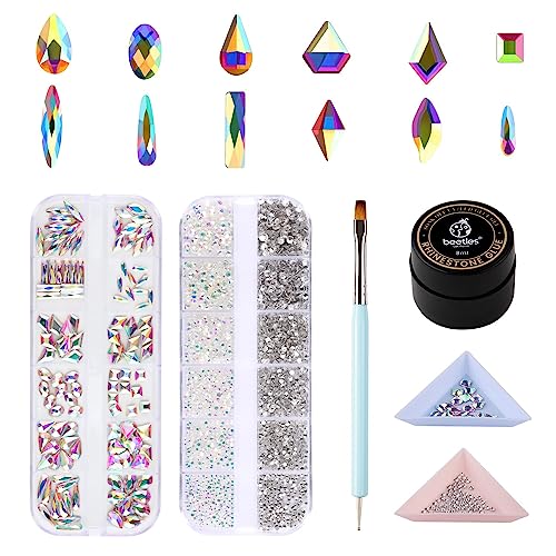 Beetles Gel Polish Nail Art Rhinestones Glue Set, 120+3456 Pcs Crystal Glass AB Rhinestone Gems & Nail Gem Glue For Nails Decoration with Nail Rhinestone Nail Brush Holiday Party Nail Design for Girls