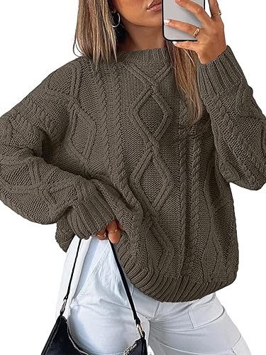 Trendy Queen Women's Oversized Cable Knit Crewneck Sweaters - Cedar Brown - Medium
