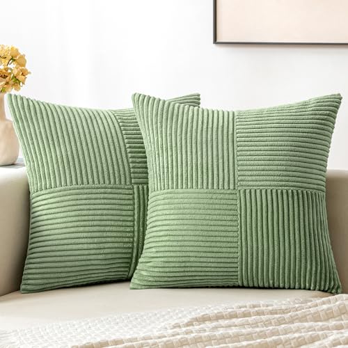 MIULEE Sage Green Corduroy Pillow Covers Pack of 2 Boho Decorative Spliced Throw Pillow Covers Soft Solid Couch Pillowcases Cross Patchwork Textured Cushion Covers for Living Room Bed Sofa 18x18 inch - 18x18 Inch (Pack of 2) - Sage Green