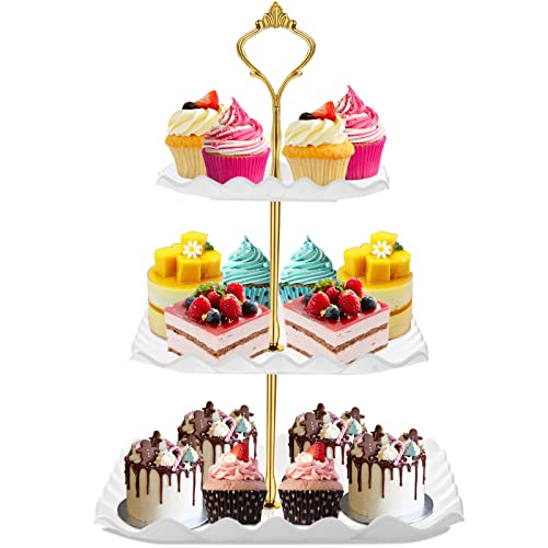DAFURIET Dessert Cupcake Stand, 3 Tier Cup Cake Holder Tower for Tea Party/Birthday/Weeding, Plastic Tiered Serving Tray with Metal Rod (White) - White