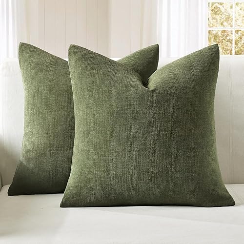 MIULEE Olive Green Couch Pillow Covers 18x18 Inch, Set of 2 Soft Chenille Decorative Throw Pillow Covers Farmhouse for Sofa Living Room Bed - 18" x 18" (Pack of 2) - Olive Green
