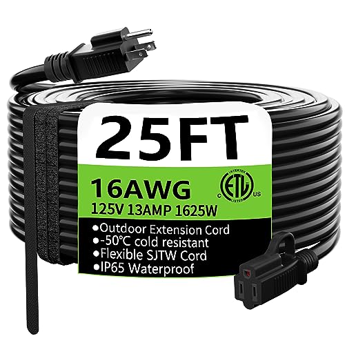 Indoor Outdoor Appliance Extension Cord 25 ft Waterproof, 16/3 Gauge Flexible Cold-Resistant Outside, 13A 1625W 16AWG SJTW, 3 Prong Heavy Duty Electric Cord, ETL HUANCHAIN, Black - 25 FT - 16/3 Extension Cord - Black