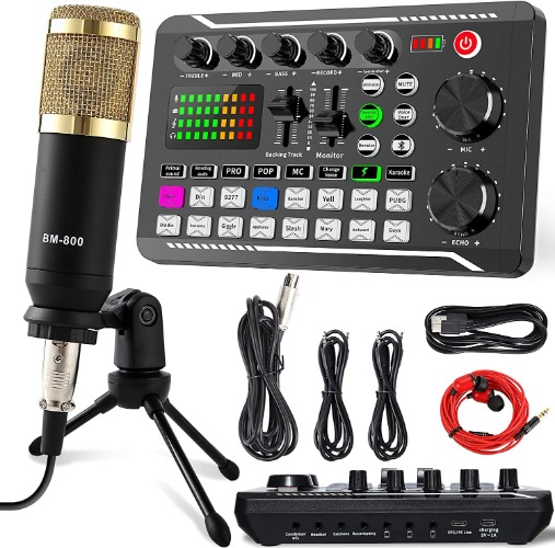 ALLWIN Streaming Microphone, Podcast Microphone Kit USB Cardioid Condenser Microphone Audio Mixer Kit With Sound Card for Streaming/Podcasting/Recording, Suitable for PC/Laptop/Phone/Pad