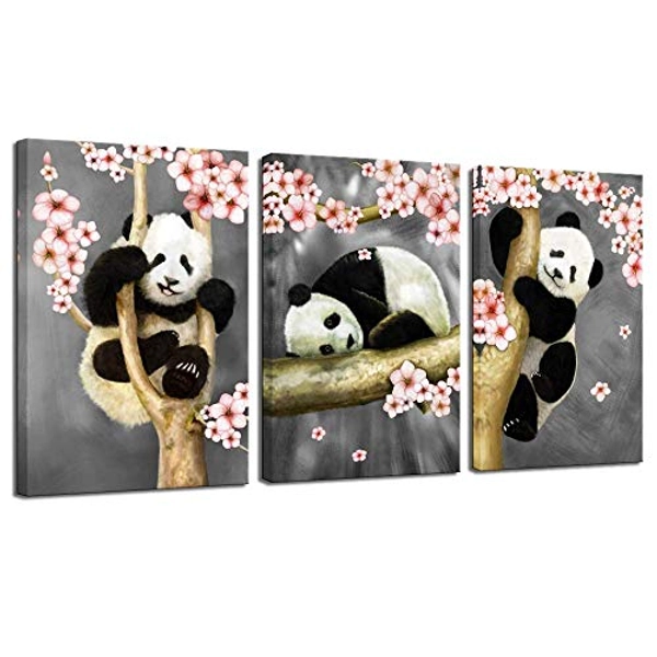 sechars - Cute Panda Canvas Wall Art Panda Bear Painting Artwork for Kids Bedroom Living Room Decor - 16x24inchesx3pcs
