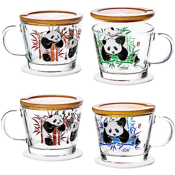 TDN 4 Pack Panda Glass Mugs Set of 4 With Lids, Breakfast Cup with Handle, Microwave Oven Dishwasher Safe (400ml) - Panda Glass Mugs