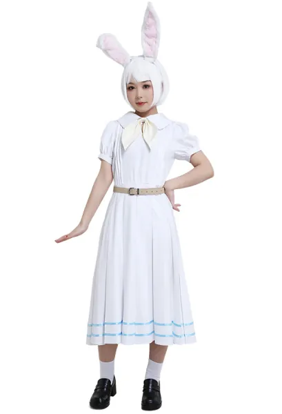Beastars Haru Miss Rabbit School Uniform Puff Sleeve White Dress Cosplay Costume Woman Full Set with Bow and Belt
