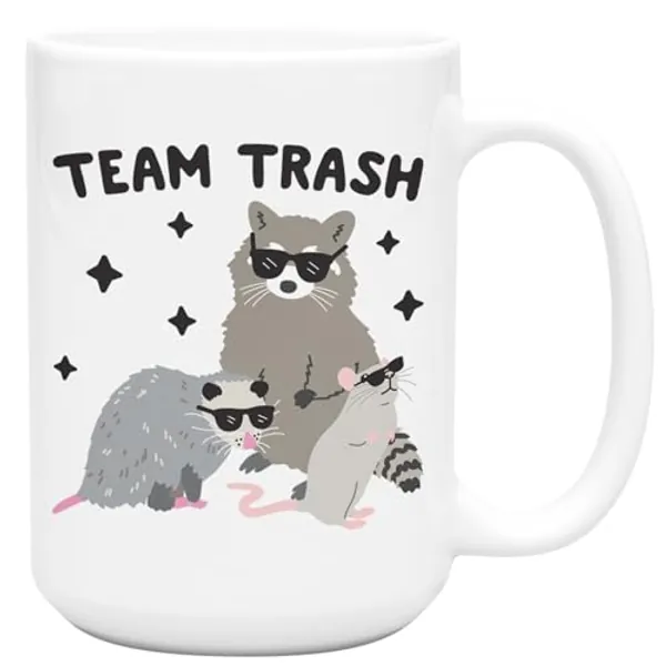LookHUMAN Team Trash Coffee Mug - Funny Coffee Mugs Adult Humor, Double Sided Print Ceramic Coffee Cups as Raccoon Gifts & Possum Gifts, Dishwasher Safe Novelty Coffee Mugs for Women & Men, 15 oz