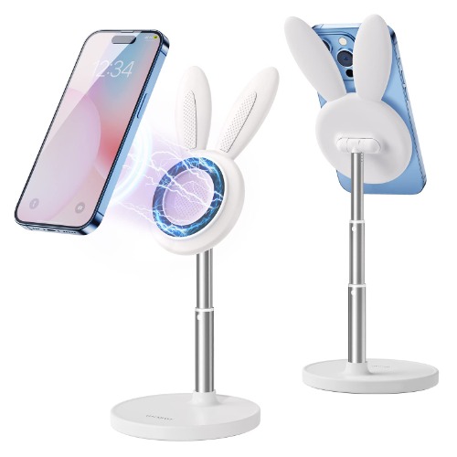 OATSBASF Magnetic Desk Cute Phone Stand for MagSafe, Adjustable Bunny Phone Holder Stand for iPhone 14/13/12, Comes with a Magnetic Patch for All Phones (M-White) (TZZJ-P)