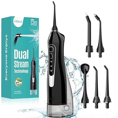COSLUS Water Dental Flosser Teeth Pick: Portable Cordless Oral Irrigator 300ML Rechargeable Travel Irrigation Cleaner IPX7 Waterproof Electric Flossing Machine for Teeth Cleaning C20(F5020E) - Black