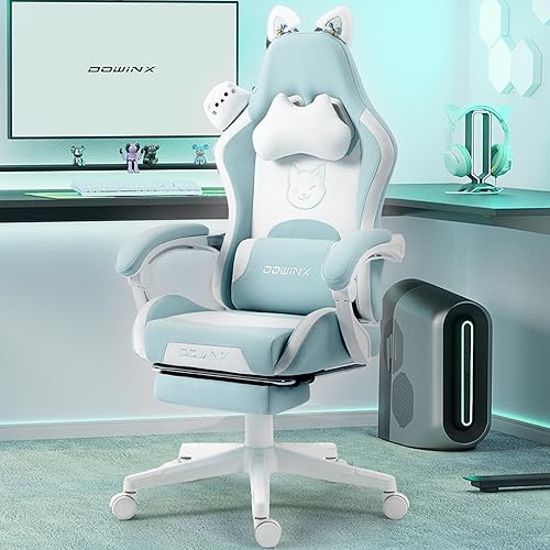 Dowinx Gaming Chair Cute with Cat Ears and Massage Lumbar Support, Ergonomic Computer Chair for Girl with Footrest and Headrest, Comfortable Reclining Game Chair 290lbs for Adult, Teen, Blue Green - Blue and White