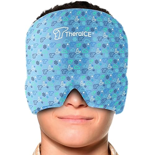 TheraICE Migraine Relief Cap Junior, Soothing Headache Boo Boo Ice Pack Mask Products, Cooling Gel Hat JR, Face Cold Compress Head Wrap for Bumps, Bruises and Cooling temperatures - Original Junior - Blue - 1.0