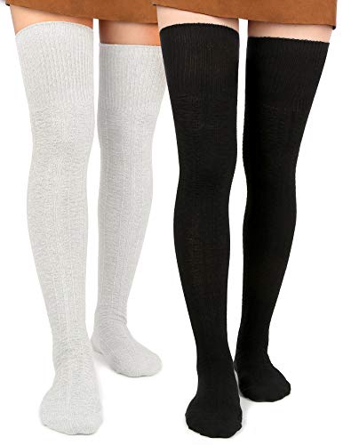 Women Thigh High Socks Extra Long Cotton Knit Warm Thick Tall Long Boot Stockings Leg Warmers - One Size - 2 Pack (Black, White)