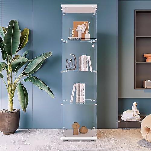 Beauty4U Glass Display Cabinet with 4 Shelves, Curio Cabinets for Living Room, Bedroom, Office, White Floor Standing Glass Bookshelf, Quick Installation - White - 1 Door 4-Shelf