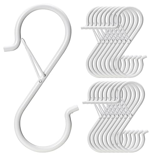 S Hooks with Safety Buckle, 17 Pack Metal S Shaped Hook for Hanging Plants,Pots, Closet, Kitchen Utensil, Clothes, Jeans Christmas Hanging Lights, 3.5 Inch White - White