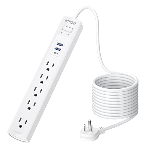 10ft Surge Protector Power Bar with USB C, TROND Flat Plug Extension Cord Indoor, 5 Multi Outlets 3 USB Ports, Slim Travel Power Strip, Wall Mount, Dorm Room Home Essentials, Office Desk Accessories - 10ft - White