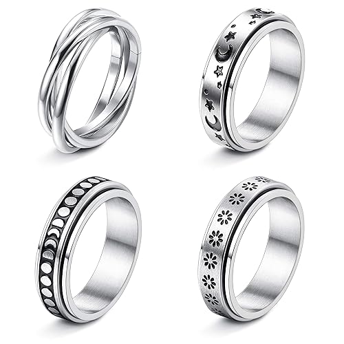 FUNRUN JEWELRY 4-6Pcs Stainless Steel Spinner Ring for Women Mens Fidget Band Rings Moon Star Celtic Stress Relieving Wide Wedding Promise Rings Set - Silver Tone - 6