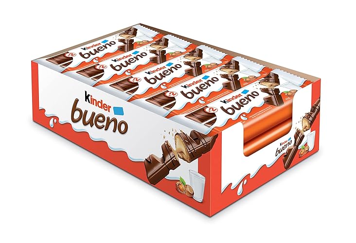 KINDER BUENO Milk Chocolate and Hazelnut Cream Candy Bars, 20 Packs, 2 Individually Wrapped Bars Per Pack (20 x 43g) - Kinder Bueno Milk Chocolate - 20 Packs (860g)