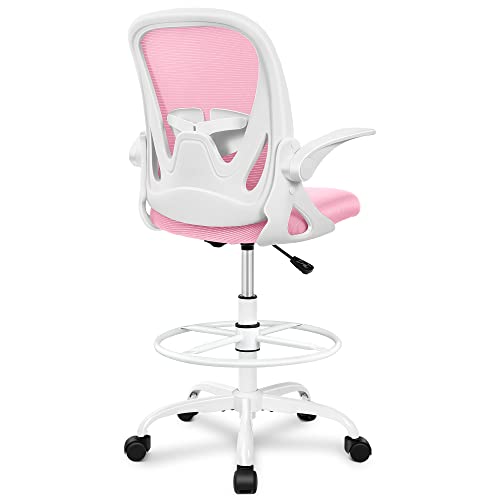 Drafting Chair Primy Tall Office Chair with Flip-up Armrests Executive Ergonomic Computer Standing Desk Chair with Adjustable Footrest Ring and Lumbar Support (Pink) - PR-934-Z - Pink