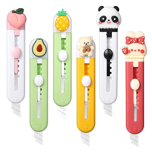 Harita Box Cutter Utility Knife with Sharp Snap Off Rust Resistance Blades, Retractable Cute Cartoon, Box Cutters for Office, Home, Arts Crafts, Cartons, Cardboard, Paper Pack of 6 - White + Green + Yellow + Red