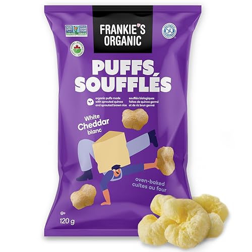 Frankie's Organic Chips - Crunchy White Cheddar Cheese Puffs Baked Healthy Snacks - Gluten Free, No GMO, Sprouted Protein Snacks - 120 Grams (Packaging May Vary) - 120 g (Pack of 1) - 120 Grams