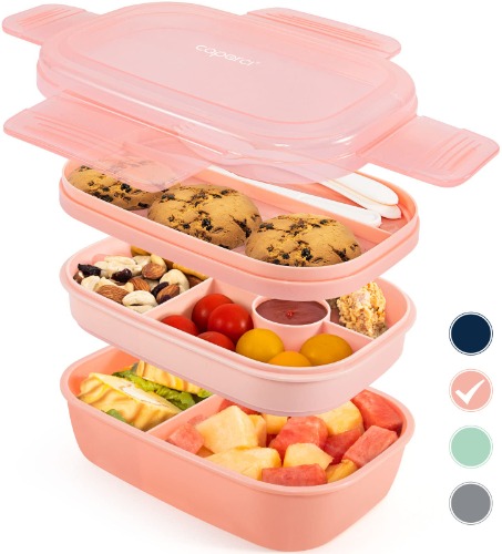 Caperci Stackable Bento Box Adult Lunch Box - 3 Layers All-in-One Lunch Containers with Multiple Compartments for Adults & Kids, 55 oz Large Capacity, Built-in Utensil Set & BPA Free (Pink) - Pink