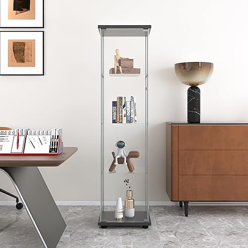 Zipzop Modern 64'' 4-Shelf Glass Display Cabinet in Clear with Door, Curio Cabinet Collection Display Case, Floor Standing Bookshelf for Living Room Bedroom Home Office (Black -S) - Black -S