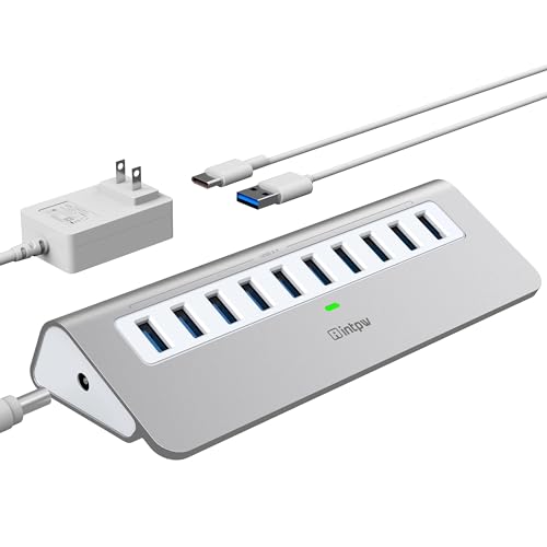 Powered USB Hub, intpw 10 Port USB 3.1 Hub with 10Gbps Data Transfer, 30W(12V/2.5A) Power Adapter, USB Type A and Type C Cable, Aluminum USB Power Hub for Laptop, MacBook and Desktop Computer - 10 Data 10Gbps
