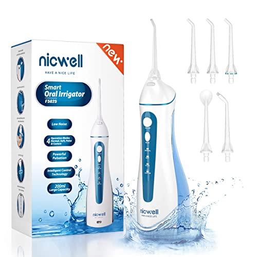 Water Dental Flosser Cordless for Teeth - Nicwell 4 Modes Dental Oral Irrigator, Portable and Rechargeable IPX7 Waterproof Powerful Battery Life Water Teeth Cleaner Picks for Home Travel - Blue
