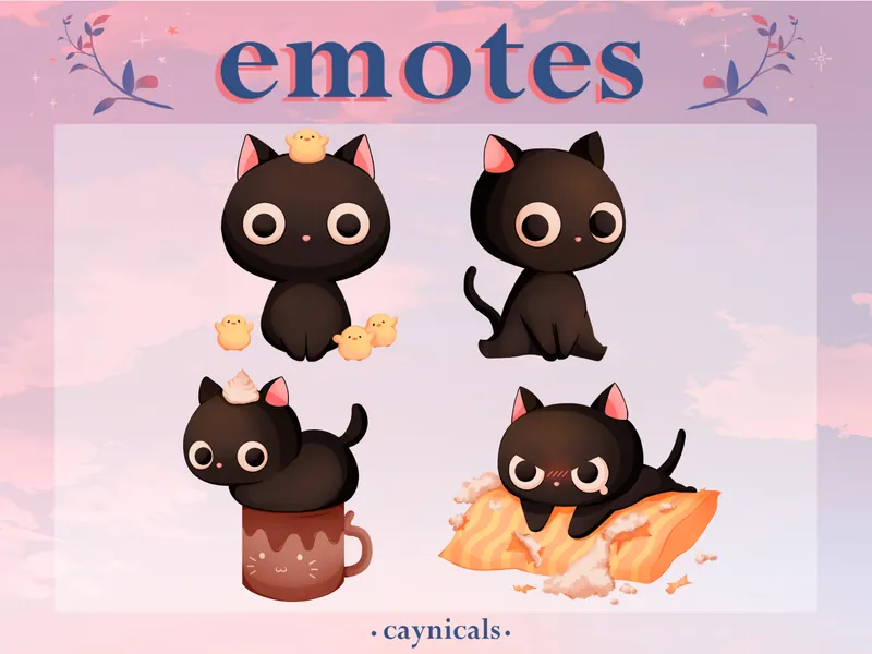 BLACK CAT EMOTES (4) | Twitch | Discord | YouTube | Streaming |  Cute Kawaii Chibi Kitty Emoji Emote Pack