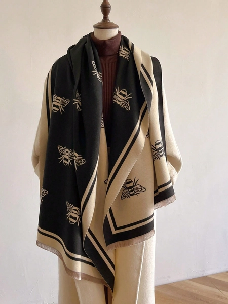 1pc Women's Double-sided Imitation Cashmere Black And Beige Bee Jacquard Warm Scarf Shawl For Everyday Wear In Fall And Winter