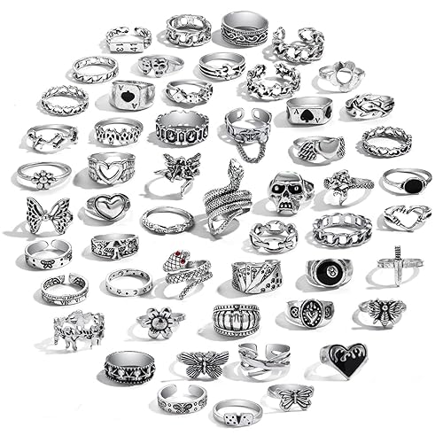 IFKM Vintage Silver Knuckle Rings Set for Women, Stackable Joint Finger Statement Rings Bohemian Retro Hollow Carved Midi Rings, Boho Halloween Skeleton Skull Snake Heart Chunky Stacking Rings Pack - Vintage