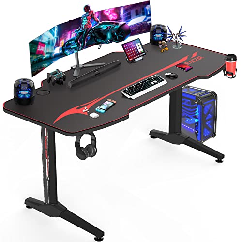 Homall Gaming Desk 140 x 60cm Large Computer Table PC Gaming Desk for Home Office, Metal Frame Gaming Table with Cable Tray and Headphone Hook, Black - 140 x 60.5 cm - Black