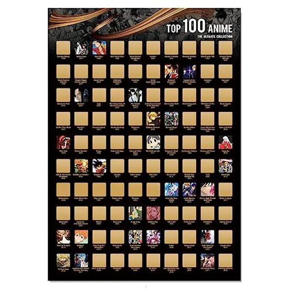 Fuiyoh Anime Poster - Top 100 Anime Scratch Off Poster| Japanese Anime Bucket List| Anime Poster for Room Aesthetic| Anime Gifts for Anime Lovers| 16.5" x 23.4"