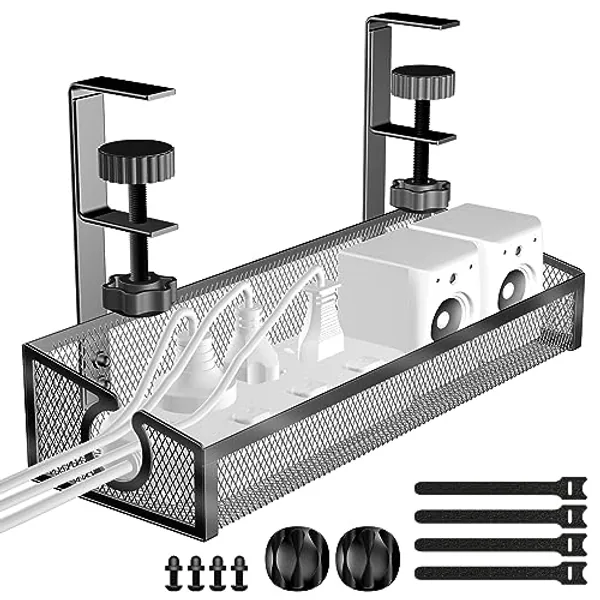 Under Desk Cable Management Tray Black, No Drill Desk Cable Management Organizer with Clamp for Desk Wire Management, Desk PC Cord Organizer Accessories & Workspace Organizers for Office, Home