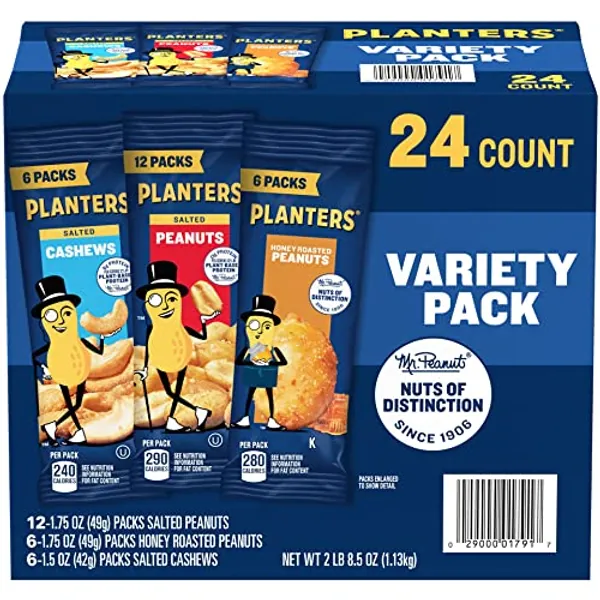 PLANTERS Peanuts & Cashews Variety Pack, 40.5 oz, Includes 6 packages Honey Roasted Peanuts (1.75 oz each), 12 packages Salted Peanuts (1.75 oz each), and 6 packages Salted Cashews (1.5 oz each)