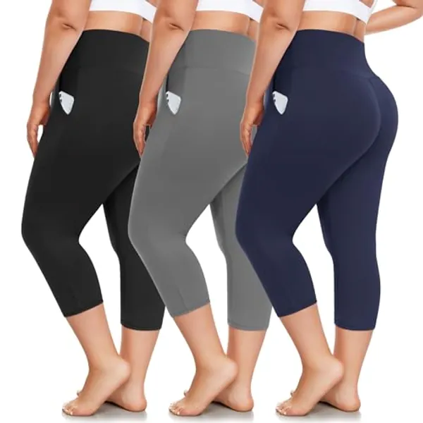 FULLSOFT 3 Pack Plus Size Capri Leggings with Pockets for Women -High Waist Stretchy 1X-4X Workout Yoga Pants