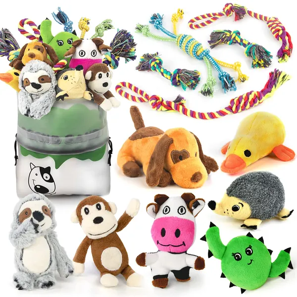 Dog Squeaky Toys for Small Dogs, 12 Pack Puppy Toys for Teething Cute Small Dog Toys Stuffed Plush Dog Toy Bundle Natural Cotton Puppy Rope Toy Dog Chew Toys for Puppies Pet Toys for Dogs