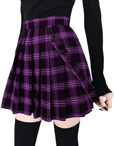 Amazon.com: chouyatou Women's Cool Sweet A-Line Decorative Strap Plaid Pleated Mini Skirt : Clothing, Shoes & Jewelry
