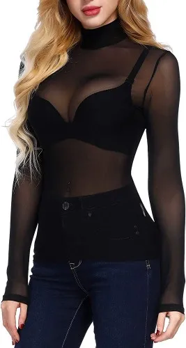 Amazon.com: Kate Kasin Women's Mesh Tops Long Sleeve Sheer Blouse Sexy Shirt High Neck Clubwear : Clothing, Shoes & Jewelry