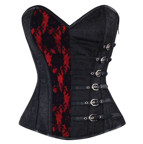 Agbeze Gothic Brocade Overbust Corset | 34" For USA Size 14-16 / Black & Red / Side Zipper