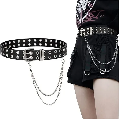 FIORETTO Double Grommet Leather Belt with Detachable Chain Women Men Punk Rock Waist Belts for Jeans Pants (One Size, Double Grommet (With Silver Chain)) at Amazon Women’s Clothing store