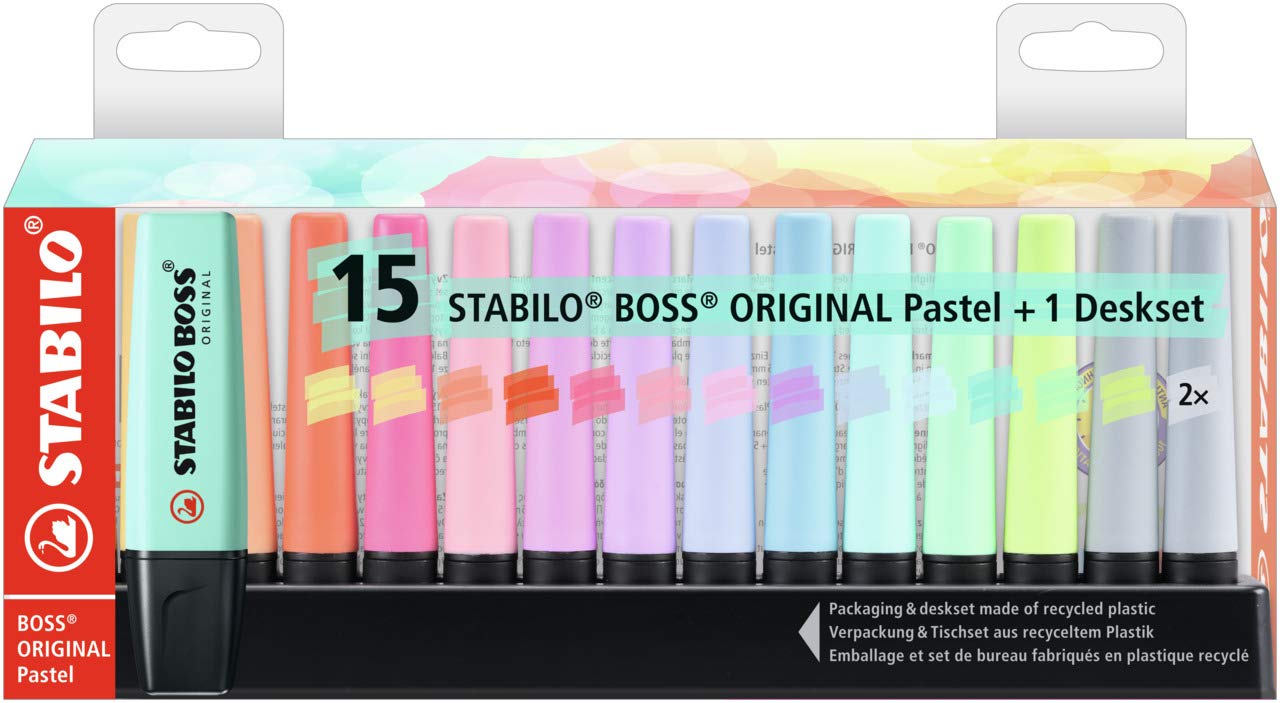 Evidenziatore - STABILO BOSS ORIGINAL Pastel Desk-Set - 15 Evidenziatori in 14 colori assortiti
