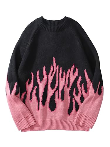 Okizul Men's Graphic Sweater Unisex Oversize Aesthetic Sweaters Vintage Sweater Streetwear Casual Jumper Pullover Top - Large - Flame Pink