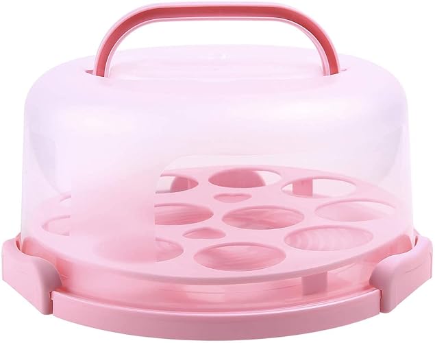 Ohuhu Cake Carrier, BPA-Free Cake Holder Storage Container Cupcake Carrier Keeper - Cake Stand with Lid 2 Handles Portable Round Two Sided Base for Cookies Nuts Fruits for 10 inch Cake Perfect Gifts - Pink