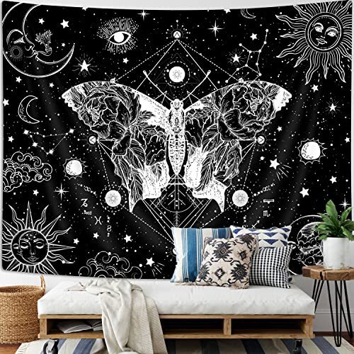 Wathon Celestial Moth Tapestry Gothic Trippy Witchy Goth Black and White Butterfly Tapestries Sun and Moon Mystic Dark Aesthetic Nature Small Tapestry for Bedroom Living Room Dorm Decor 60X40IN - 60X40