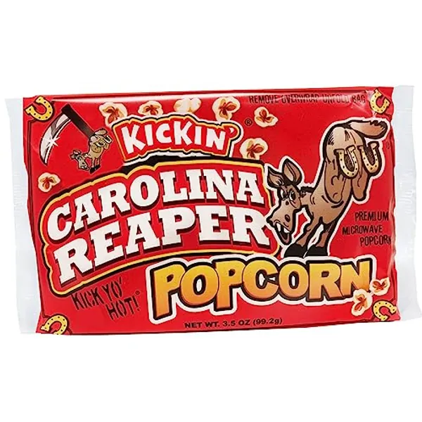 KICKIN’ Carolina Reaper Pepper Microwave Popcorn - Spicy Snacks - Pack of 3 - Ultimate Spicy Gourmet Gift Popcorn - Makes a Great Movie Theater Popcorn or Snack Food - Try if you dare! - 3.5 Ounce (Pack of 3)